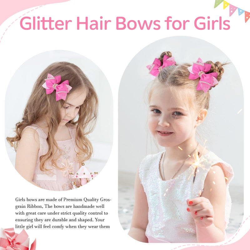 مشابك شعر لامعة مزينة بترتر لامع مقاس 4 بوصات، دبابيس شعر على شكل فيونكة من اللؤلؤ لحفلات الزفاف، مناسبة للمراهقات والأطفال الصغار، إكسسوار لتزيين فساتين حفلات أعياد ميلاد الفتيات المشجعات (وردي) - Image 3